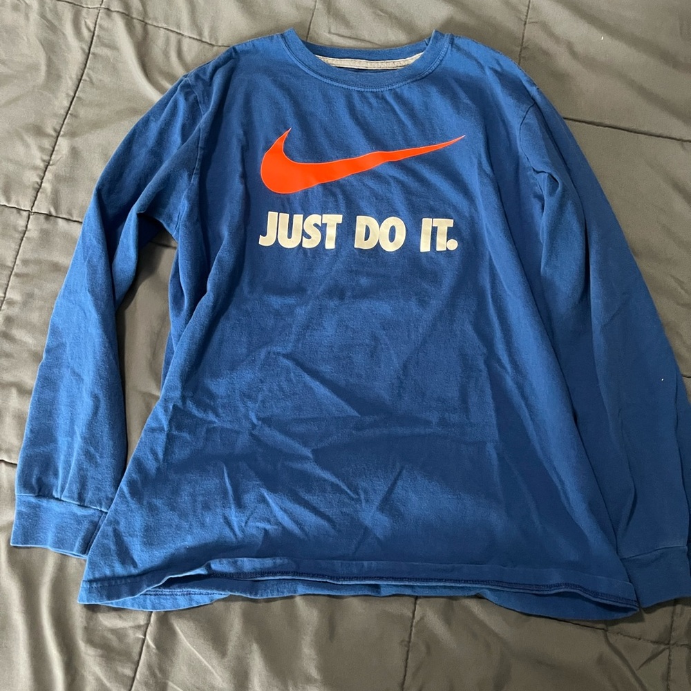 Nike Kids Blue Long Sleeve Tee with Orange Swoosh
